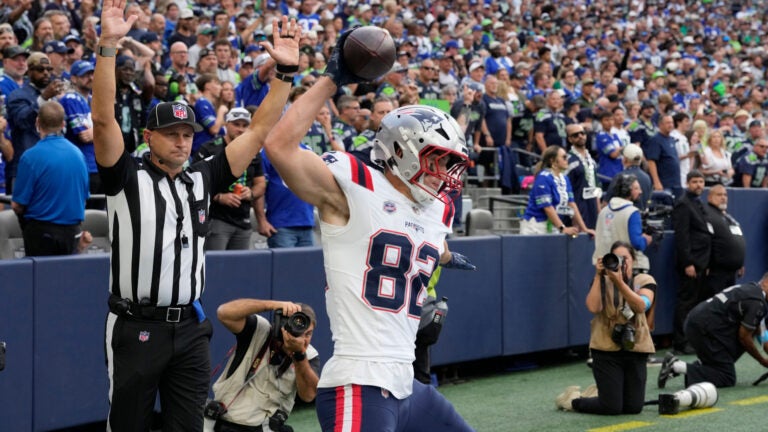 New England Patriots tight end Eli Raridon (82) celebrates after scoring a touchdown during the first half of an NFL football game against the Seattle Seahawks, Wednesday, Sept. 9, 2026, in Seattle.