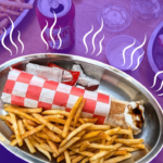 A plate of shawarma with fries set against a purple background