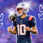 Drake Maye in his jersey and helmet, tossing a football between his hands. He's outlined in white against a background of the stadium faded to purple. His helmet and football both have highlight sparkles on them, and there are white sketch hearts next to him on both sides.