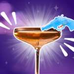 An amber cocktail glass outlined in white, with a small blue squirt gun hanging off the rim on the right side, also outlined in white. There are white accent lines outside the top left corner and the bottom right corner of the glass. The background is faded to purple, with light stars on it, and there's a white glow behind the glass.