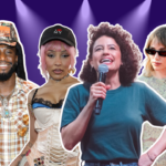 From left to right: Shaboozey, Doja Cat, Ilana Glazer, and Suki Waterhouse, all outlined in white. The background is purple with stage lights pointing down at them.