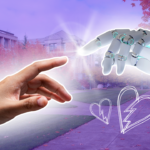 A human hand and a robot hand both have their index fingers out as if they're about to touch. There is a white glow behind both of them, and a sparkle on the robot hand. The background is faded to purple and is of red buildings and grassy areas of a college campus. There are broken heart sketches underneath the robot hand.