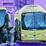 People boarding a yellow shuttle bus against a purple background