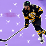 David "Pasta" Pastrnak skating with the puck on the ice, outlined in white. The background is the rink, faded to purple. There are white sparkle designs overlaid on the purple background.