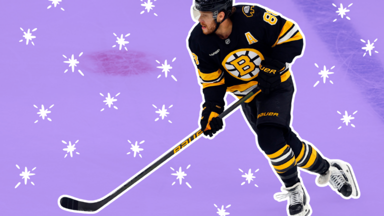 David "Pasta" Pastrnak skating with the puck on the ice, outlined in white. The background is the rink, faded to purple. There are white sparkle designs overlaid on the purple background.