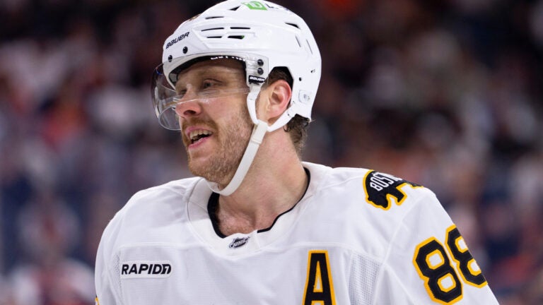 Boston Bruins' David Pastrnak looks on during the second period of an NHL hockey game against the Philadelphia Flyers, Feb. 28, 2026, in Philadelphia.