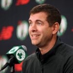 President of basketball operations Brad Stevens speaks at a news conference during the Boston Celtics NBA basketball media day, Sept. 29, 2025, in Boston.