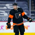 Philadelphia Flyers' Kevin Hayes plays during an NHL hockey game against the New Jersey Devils, Sunday, April 25, 2021, in Philadelphia.