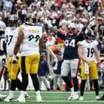 FOXBOROUGH, MASSACHUSETTS - SEPTEMBER 20: Cory Durden #94 of the New England Patriots reacts against the Pittsburgh Steelers during the first quarter of the game at Gillette Stadium on September 20, 2026 in Foxborough, Massachusetts.