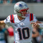 New England Patriots quarterback Drake Maye (10) throws during an NFL football game against the Jacksonville Jaguars in Jacksonville, Fla., Sunday, Sept. 27, 2026.
