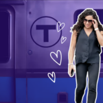 A woman in a black tee blouse and black jeans, walking with her left hand to the side of her sunglasses on her face. She is outlined in white, next to three white heart sketches. The background is a Blue Line Train with a T logo, faded to purple.
