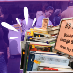 A shelf cart of books with an orange sign that says "$3 each. Books with Orange Sticker. Please Pay Inside." — outlined in white. The background has people looking at other book carts, all faded to purple. There are white accent marks on the left corner of the book cart for emphasis.
