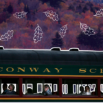 A green Conway Scenic Railway train car with a few people looking out the window. The background is foliage, faded to purple. There are white leaves illustrated over it.