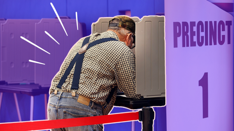 A man in a checkered collared shirt, jeans, and suspenders, voting in a polling station, hunched over a table with a divider. He and his station are outlined in white, and there is a red divider rope next to him. The background is of more polling areas in the station, and it's faded to purple. There are white accent lines on the left of his back.