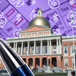 Mass. State House, with a big pen in front of it. Behind the state house is a ballot faded to purple, with white dollar signs overlaid on top of it.