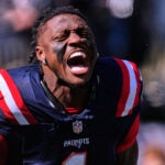 New England Patriots wide receiver A.J. Brown prior to an NFL football game in Foxborough, Mass., Sunday, Oct. 18, 2026.