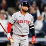 Boston Red Sox first baseman Willson Contreras (40) strikes out to end Game 1 of the AL East Wild Card Series at Yankee Stadium on Sept. 29, 2026, in New York.