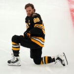 Boston Bruins' David Pastrnak (88) prior to an NHL hockey game, Tuesday, Oct. 6, 2026, in Boston.